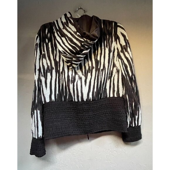 Gabriella Molinari Womens Black & White Crinkle Zip Up Hoodie Sz 8 Smocked Trim - Picture 2 of 9